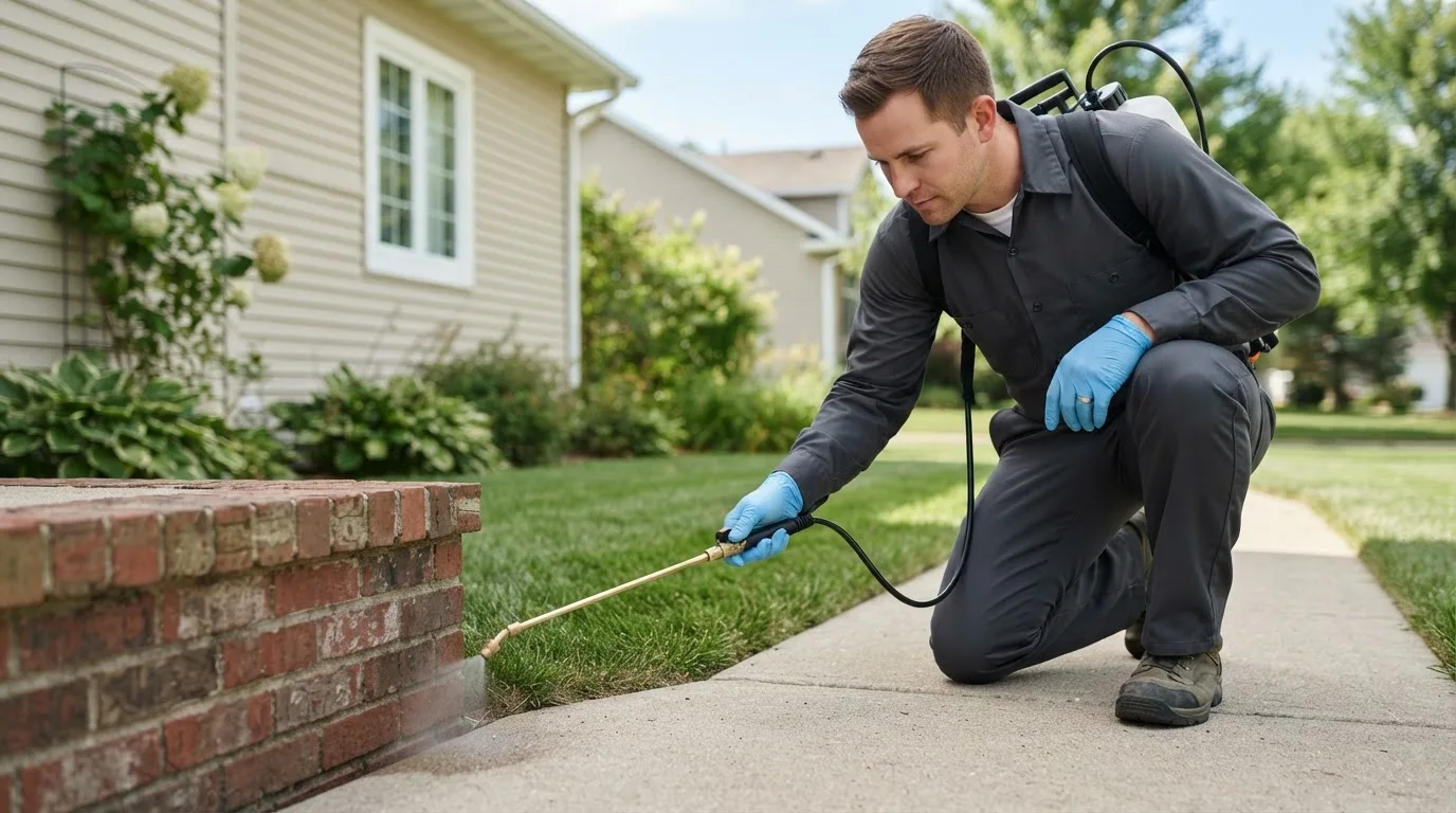 Pest control technician treating a home near Mumford, NY