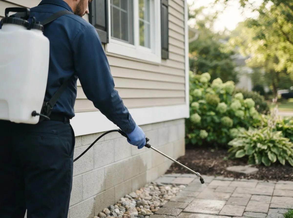 Pest control technician inspecting a home in Mumford, NY